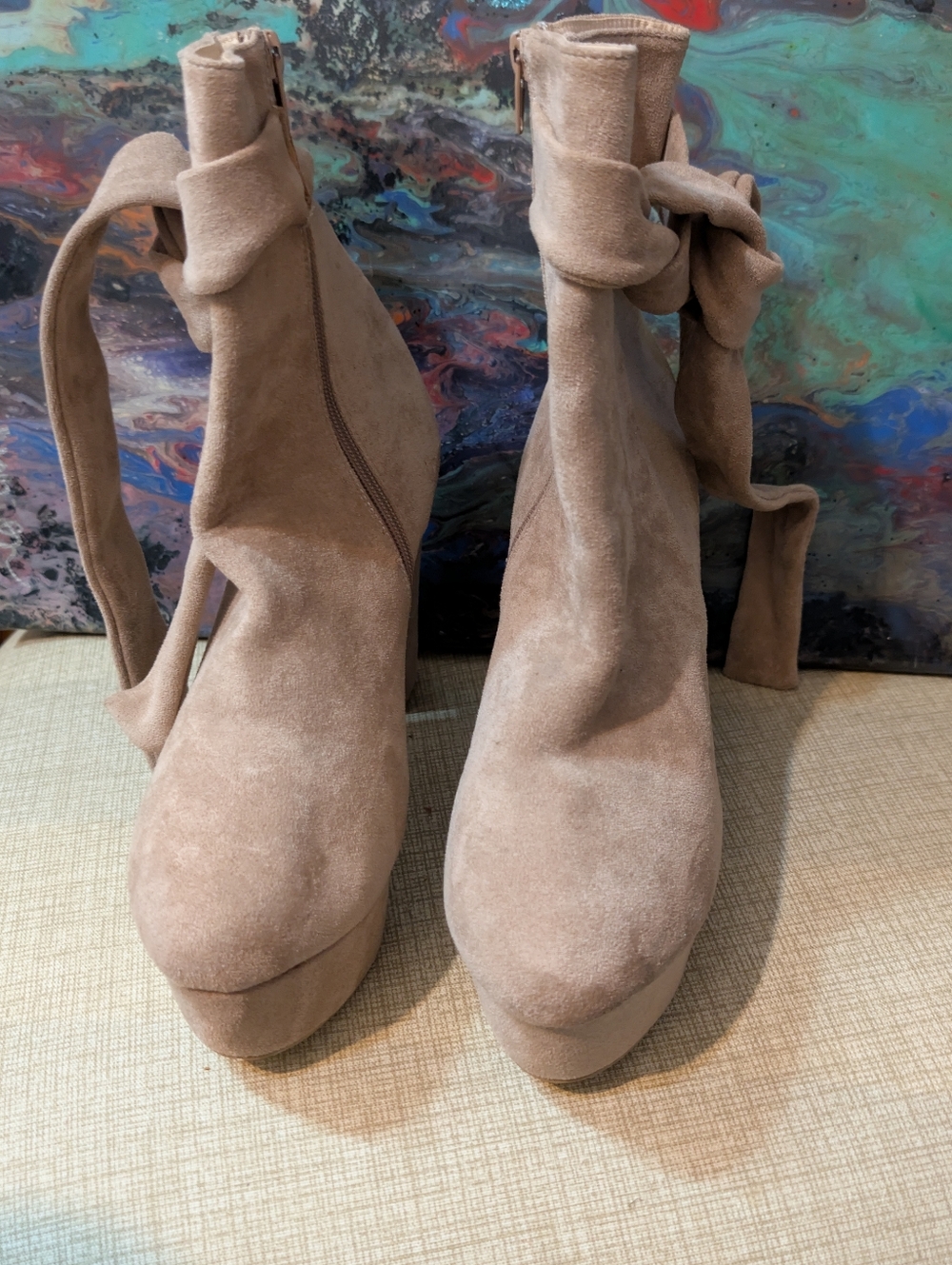 Women's Taupe Suede Ankle Boots with Tie Detail